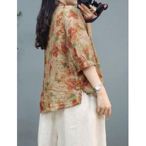 Loose-Fit Ramie Floral Shirt Over40 Breathable Tropical Blouse