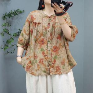 Loose-Fit Ramie Floral Shirt Over40 Breathable Tropical Blouse