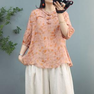 Chinese Pankou Floral Blouse Ramie Oversized Shirt