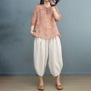 Chinese Pankou Floral Blouse Ramie Oversized Shirt