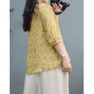 Chinese Pankou Floral Blouse Ramie Oversized Shirt