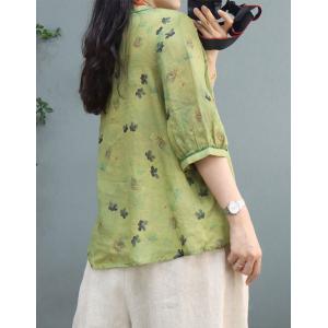 Chinese Pankou Floral Blouse Ramie Oversized Shirt