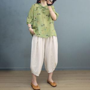 Chinese Pankou Floral Blouse Ramie Oversized Shirt