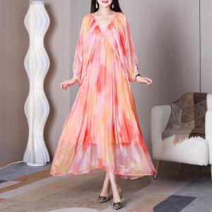 Lantern Sleeves Pastel Maxi Dress V-neck Sheer Elegant Dress