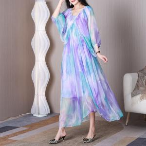 Lantern Sleeves Pastel Maxi Dress V-neck Sheer Elegant Dress