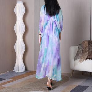 Lantern Sleeves Pastel Maxi Dress V-neck Sheer Elegant Dress