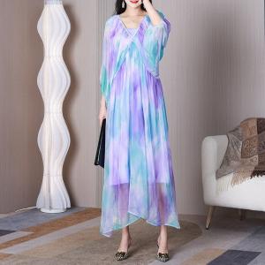 Lantern Sleeves Pastel Maxi Dress V-neck Sheer Elegant Dress