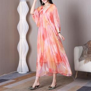 Lantern Sleeves Pastel Maxi Dress V-neck Sheer Elegant Dress