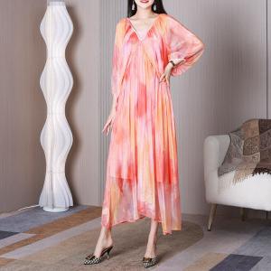 Lantern Sleeves Pastel Maxi Dress V-neck Sheer Elegant Dress