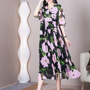 Pink Flowers High Waist Dress Butterfly Black Chiffon Dress