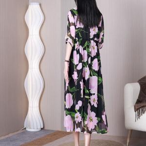 Pink Flowers High Waist Dress Butterfly Black Chiffon Dress