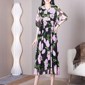 Pink Flowers High Waist Dress Butterfly Black Chiffon Dress