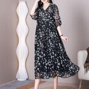 Pink Flowers High Waist Dress Butterfly Black Chiffon Dress