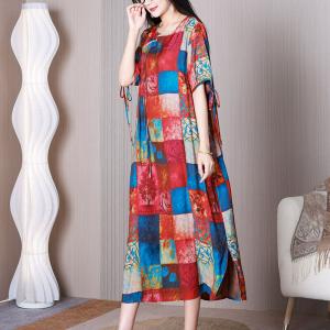 Tied Sleeves Colorful Checkered Dress Crew Neck Printed Dress