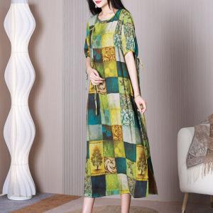 Tied Sleeves Colorful Checkered Dress Crew Neck Printed Dress