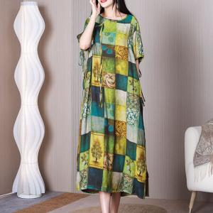 Tied Sleeves Colorful Checkered Dress Crew Neck Printed Dress