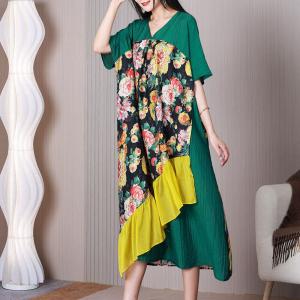 Rose Flowers Midi Green Dress Yellow Ruffled Dress