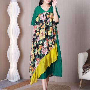 Rose Flowers Midi Green Dress Yellow Ruffled Dress