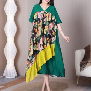 Rose Flowers Midi Green Dress Yellow Ruffled Dress