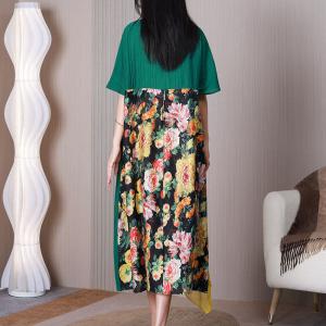 Rose Flowers Midi Green Dress Yellow Ruffled Dress