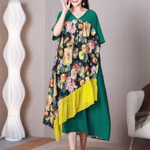 Rose Flowers Midi Green Dress Yellow Ruffled Dress