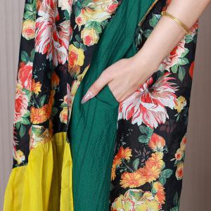 Rose Flowers Midi Green Dress Yellow Ruffled Dress