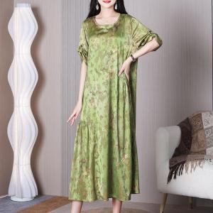 Crew Neck Light Green Glittering Dress Loose Floral Shift Dress