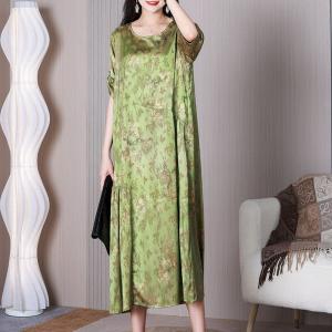 Crew Neck Light Green Glittering Dress Loose Floral Shift Dress