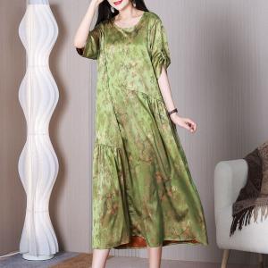 Crew Neck Light Green Glittering Dress Loose Floral Shift Dress