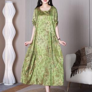 Crew Neck Light Green Glittering Dress Loose Floral Shift Dress