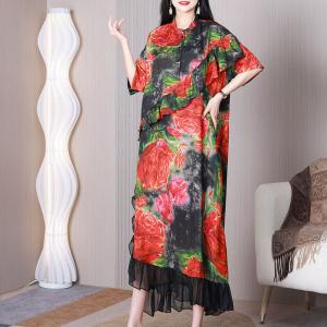 Red Roses Flare Designer Dress Black Flouncing Party Dress