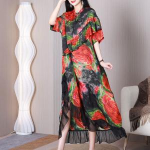 Red Roses Flare Designer Dress Black Flouncing Party Dress