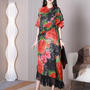 Red Roses Flare Designer Dress Black Flouncing Party Dress