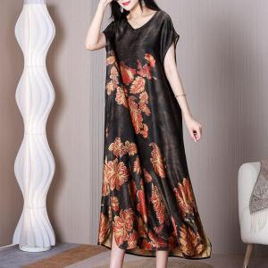 Leaf Pattern Side Slit Dress Black Short Sleeves Silk Dress