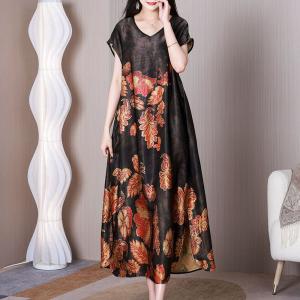 Leaf Pattern Side Slit Dress Black Short Sleeves Silk Dress