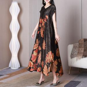 Leaf Pattern Side Slit Dress Black Short Sleeves Silk Dress