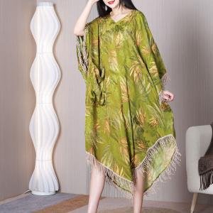 Plus Size Tropical Tassel Cover Up V-Neck Printed Fringed Dress