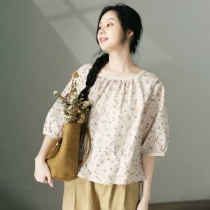 Square Neck Floral Blouse Lade Edges Cotton Ladies Shirt