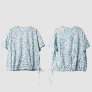 Half Sleeves Blue Floral Blouse Side Tied Blouse for Women