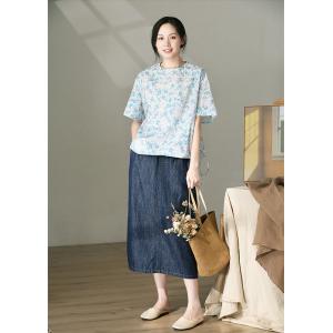 Half Sleeves Blue Floral Blouse Side Tied Blouse for Women