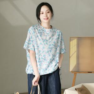 Half Sleeves Blue Floral Blouse Side Tied Blouse for Women