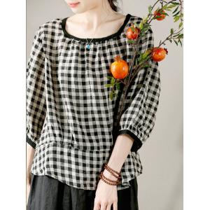 Black Plaid Linen Blouse Square Neck Oversized Flax Clothing