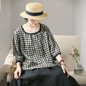 Black Plaid Linen Blouse Square Neck Oversized Flax Clothing