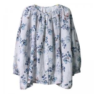 Light Purple Ramie Floral Blouse Long Sleeves Oversized Shirt