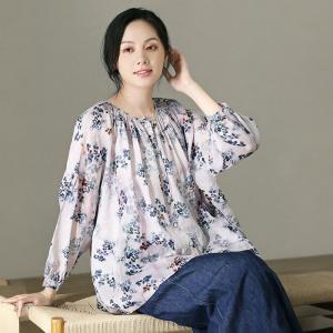 Light Purple Ramie Floral Blouse Long Sleeves Oversized Shirt