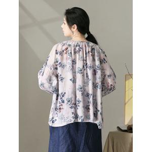 Light Purple Ramie Floral Blouse Long Sleeves Oversized Shirt