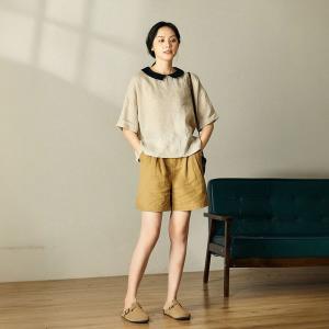 PeterPan Collar Linen Blouse Half Sleeves Petite Shirt