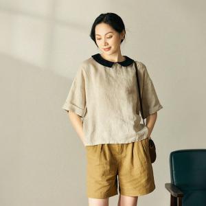 PeterPan Collar Linen Blouse Half Sleeves Petite Shirt