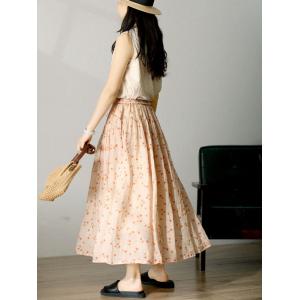 Light Coral Floral Skirt Maxi A-Line Ramie Skirt