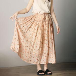 Light Coral Floral Skirt Maxi A-Line Ramie Skirt
